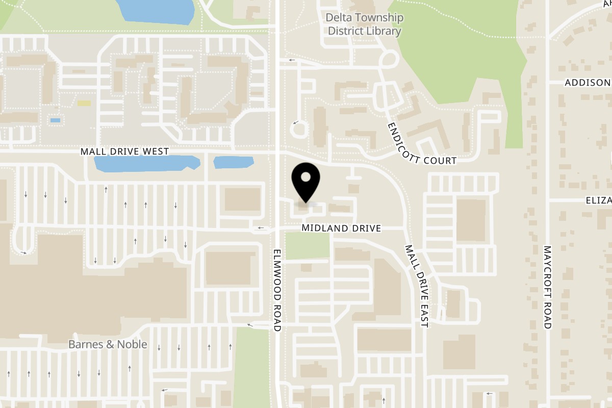 Map showing the location of Sultan’s Restaurant on 940 Elmwood Road in Lansing